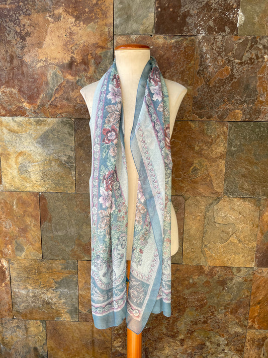 Foulard vintage italiano tonos celeste pálido, gris y rosado TEXSCOTT