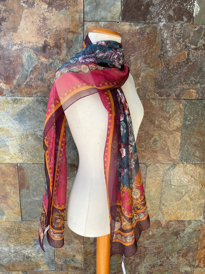 Foulard vintage italiano tonos granate, mostaza, azules y rosa TEXSCOTT