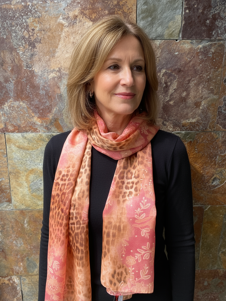 Foulard vintage italiano años 70 tonos ocres animal print y motivos florales GAL-LUS