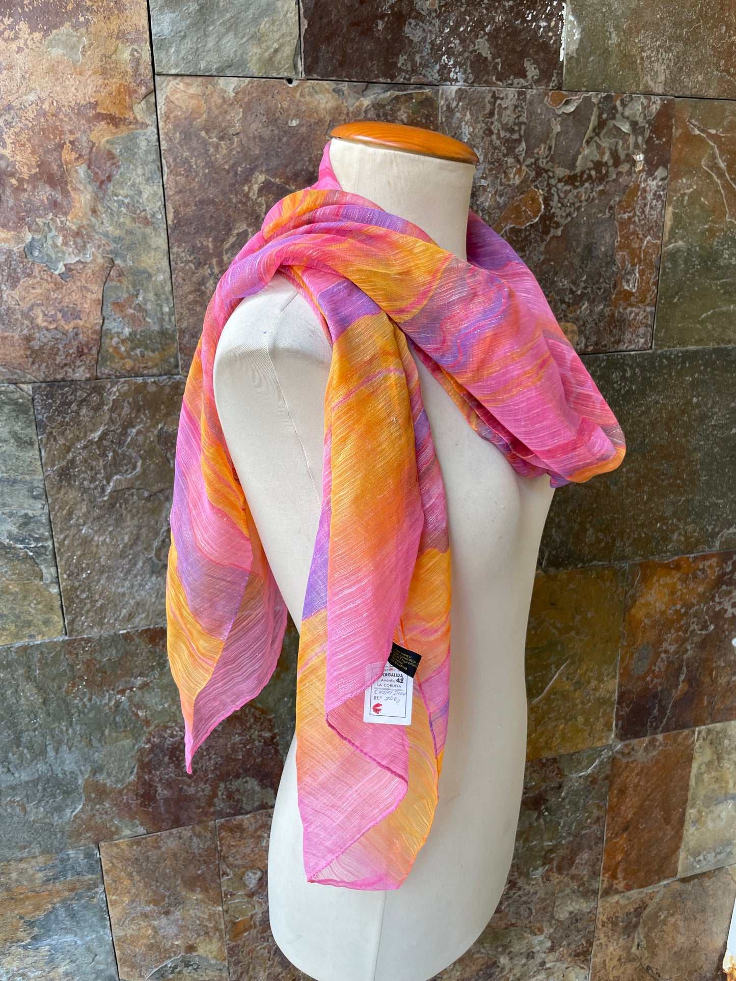 Foulard vintage italiano, tonos rosas, malvas, morados y amarillos