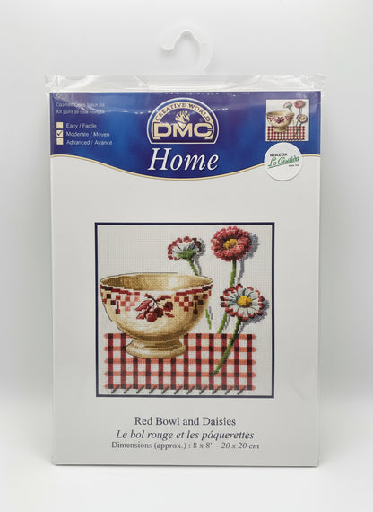 Kit de Punto de cruz DMC - 20x20cm - "Red bowl and daisies" - hilos incluidos