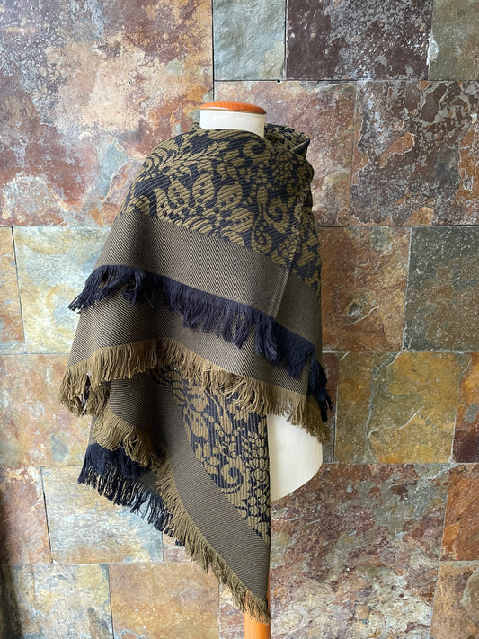 Manta vintage francesa con fleco en colores verde y negro 120 x 120 cm EGO Pañolerias