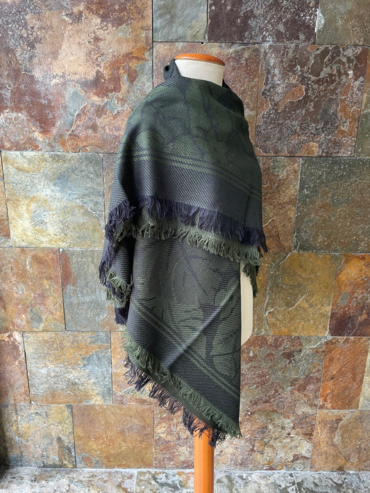 Manta vintage italiana con fleco en colores verde billar y negro 120 x 120 cm TEXSCOTT