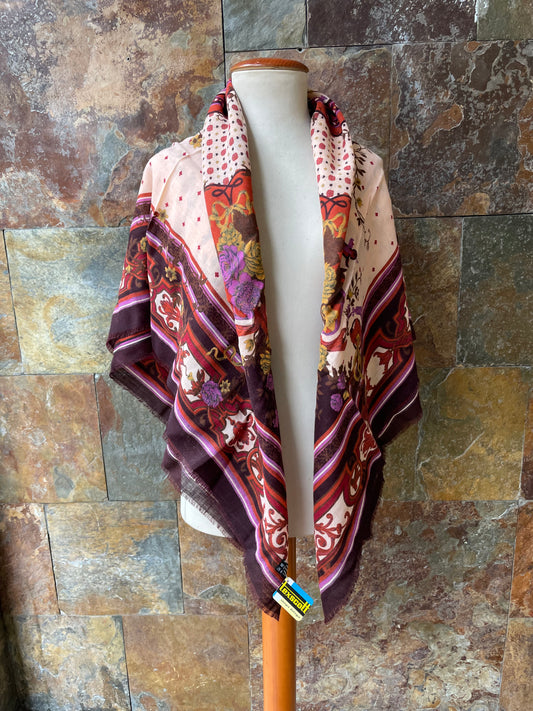 Mantón vintage italiano 100% Lana Pura en colores crema, caldero, mostaza y morado 115 x 115 cm