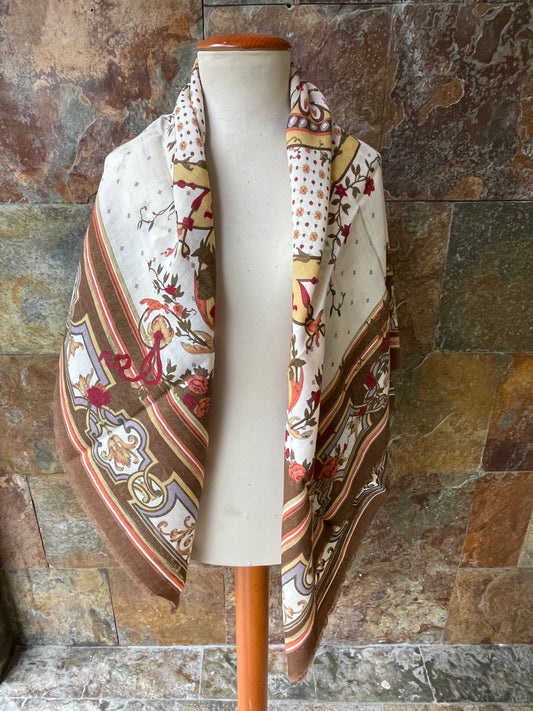 Mantón vintage italiano 100% Lana Pura en colores crema, marrón y caldero 115 x 115 cm