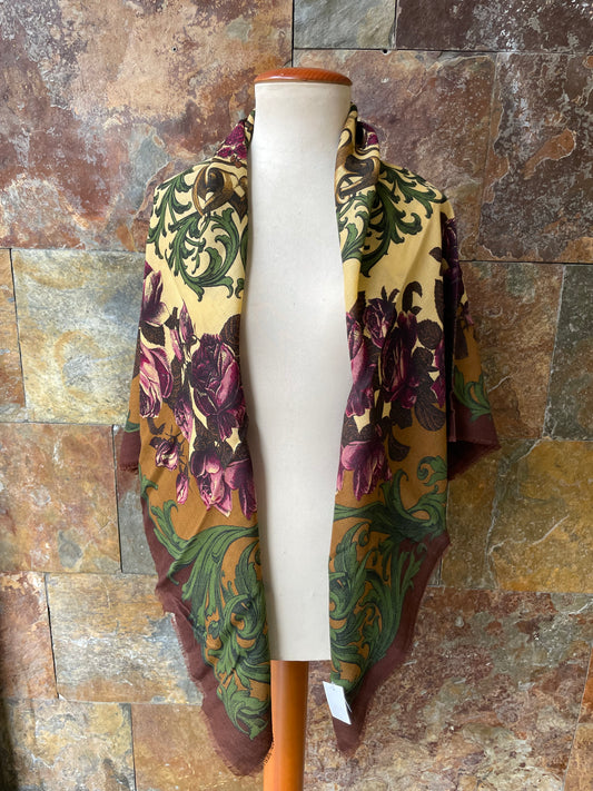 Mantón vintage italiano 100% Lana Pura en colores marrón, verde, fucsia y mostaza 115 x 115 cm