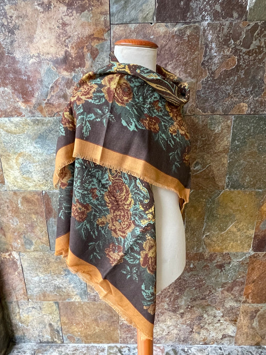 Mantón vintage italiano 100% Lana Pura en colores marrón, verde y mostaza 115 x 115 cm