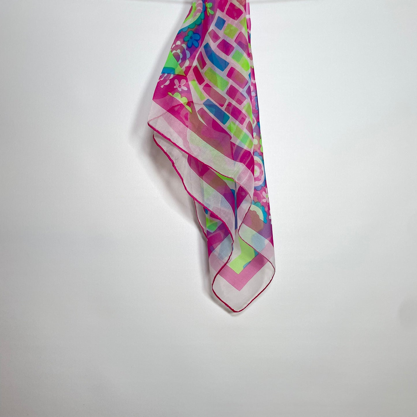 Pañuelo vintage de gasa años 70 color rosa, verde lima y azul