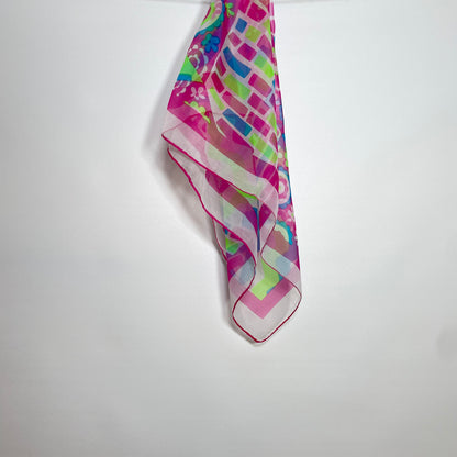 Pañuelo vintage de gasa años 70 color rosa, verde lima y azul