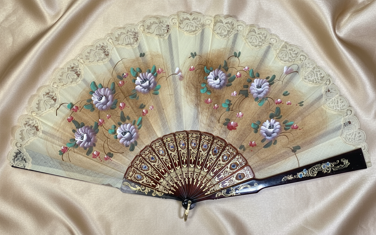 Pericón de pasta antiguo con encaje beige, color carey y pintado a mano con motivos florales