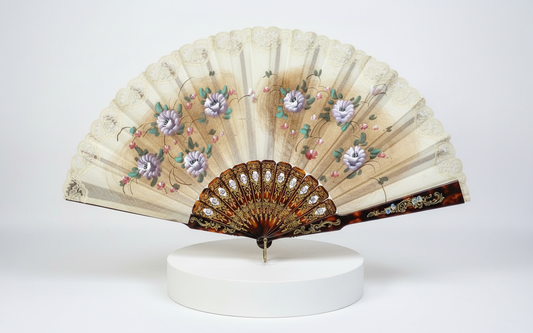 Pericón de pasta antiguo con encaje beige, color carey y pintado a mano con motivos florales